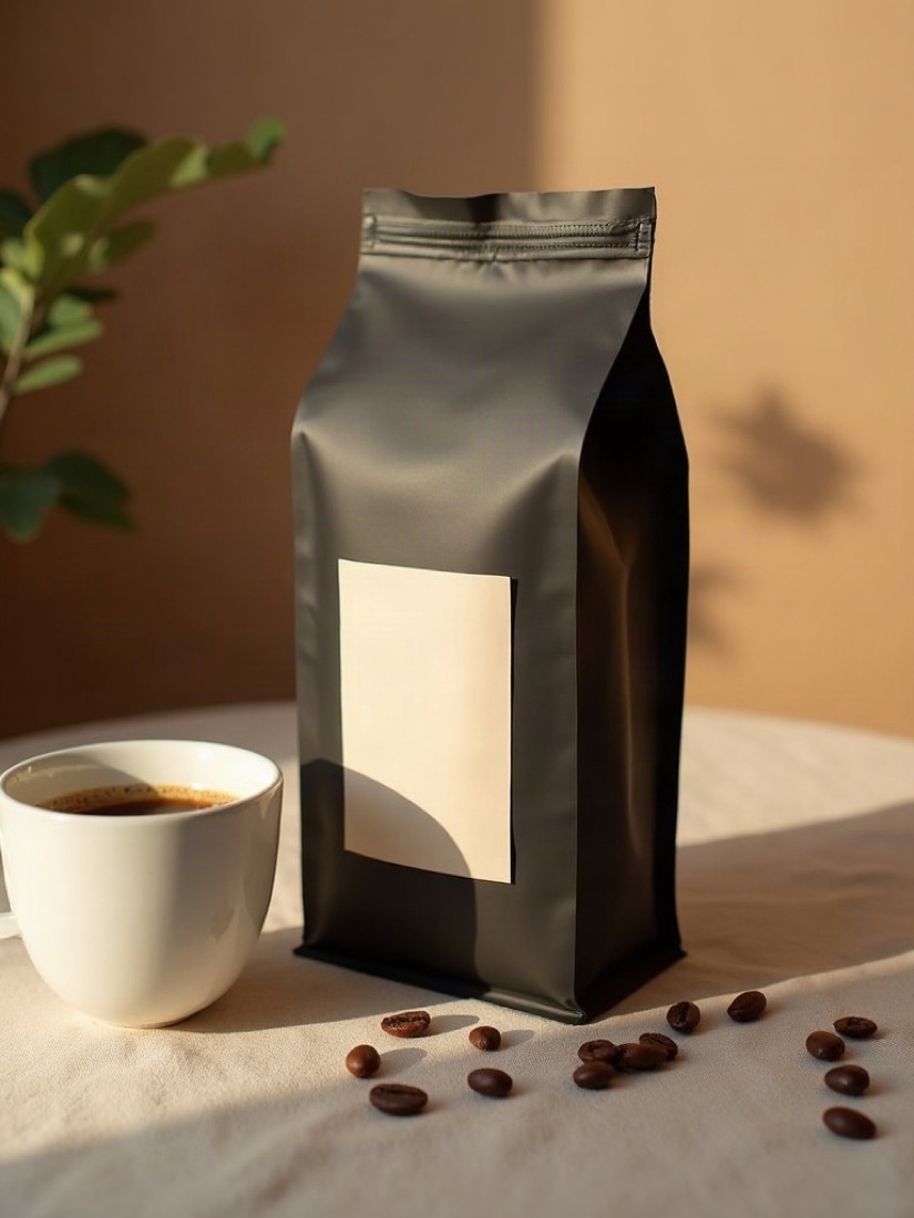 A coffee bag beside a cup of black coffee in morning light