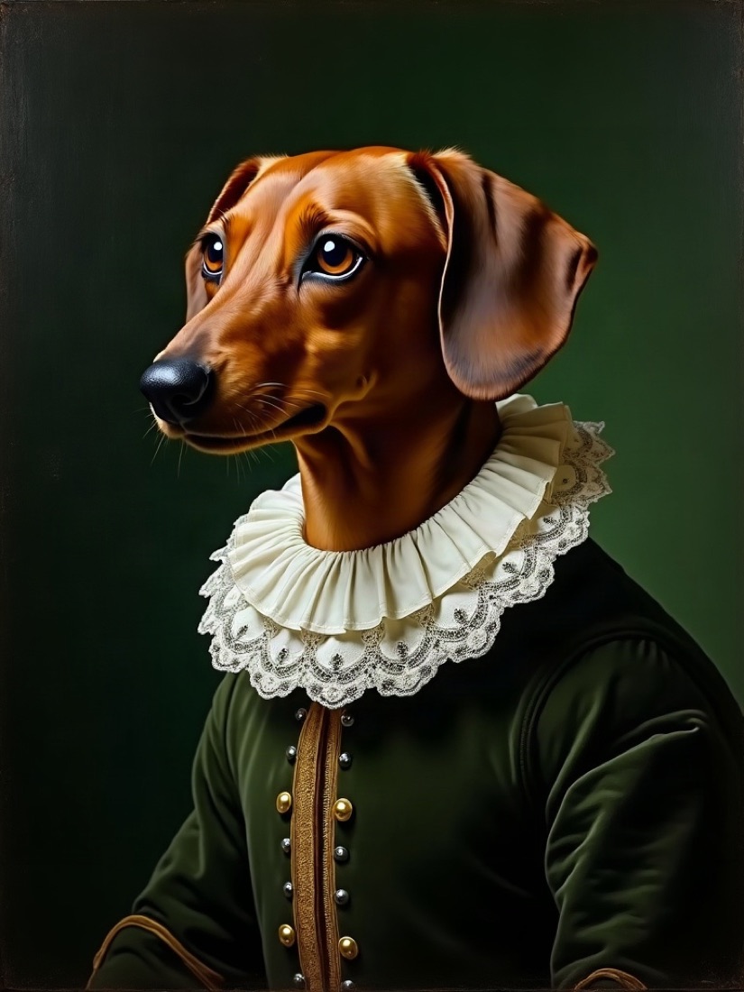 An oil-painted portrait of a dachshund in a lace ruff collar